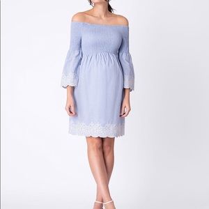 Seraphine Blue Embroidered off the shoulder dress